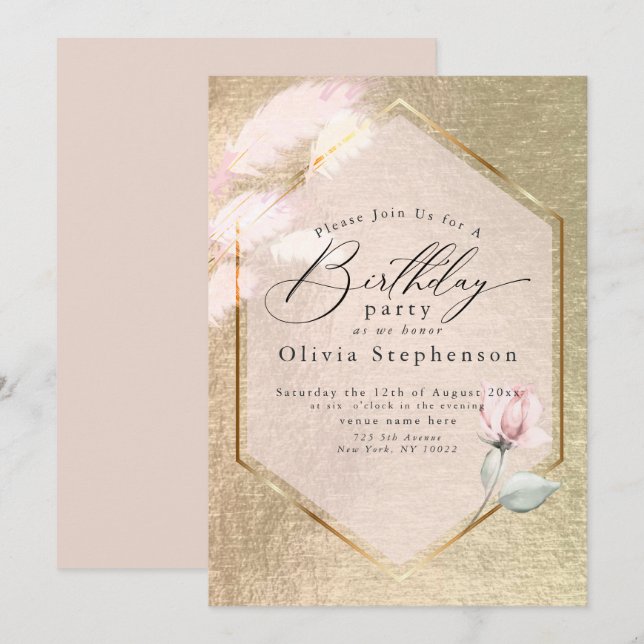 Luxe Pink Gold Floral Invitation d'anniversaire (Devant / Derrière)