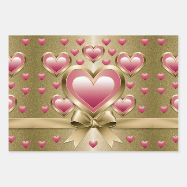 Luxe Pink Hearts Gold Glitter Ribbon Bow Wrapping  Paper Sheet (Front)