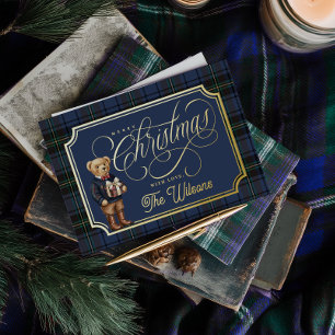 Luxe Preppy Plaid Christmas Teddy Bear Photo Card