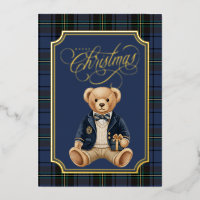 Luxe Preppy Plaid Christmas Teddy Bear Photo Card