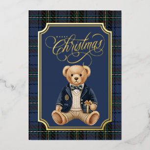 Luxe Preppy Plaid Christmas Teddy Bear Photo Card