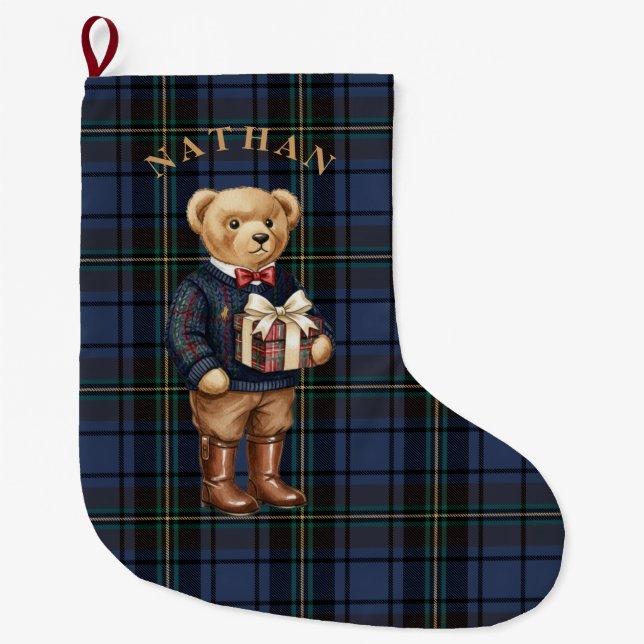 Luxe Preppy Plaid Christmas Teddy Bear Photo Card Large Christmas Stocking (Front)