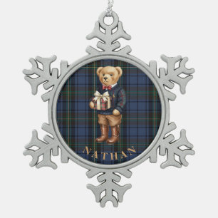 Luxe Preppy Plaid Christmas Teddy Bear Photo Card Snowflake Pewter Christmas Ornament