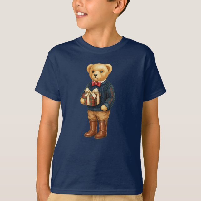 Luxe Preppy Plaid Christmas Teddy Bear  T-Shirt (Front)