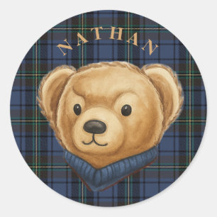 Luxe Preppy Plaid Teddy Bear Head Classic Round Sticker