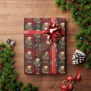 Luxe Preppy Red Plaid Christmas Teddy Bear Wrapping Paper