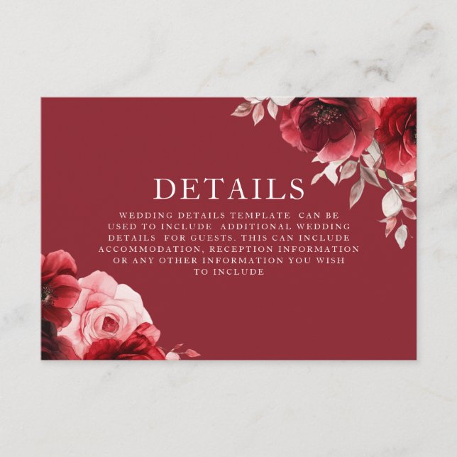 Luxe Radiance Ruby Red Roses Bloom Wedding Details Enclosure Card (Front)