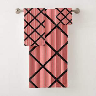 LUXE RED BLACK STRIPE GRID BATH TOWEL SET