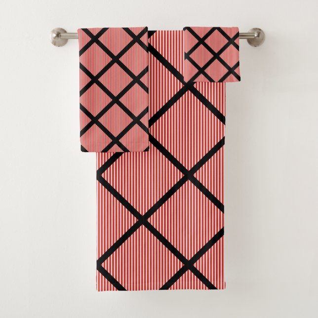 LUXE RED BLACK STRIPE GRID BATH TOWEL SET (Insitu)
