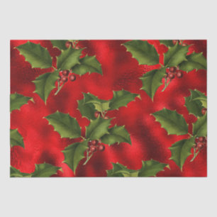 Luxe Red Foil, Green Holly, Red Berries Wrapping P Tissue Paper