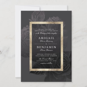 Luxe rose black gold vintage botanical wedding invitation