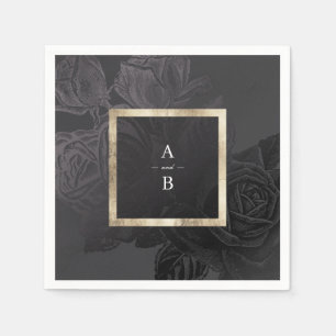 Luxe rose black vintage botanical wedding monogram napkin