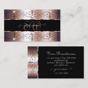 Luxe Rose Gold and Black Ornate Borders Monogram Business Card