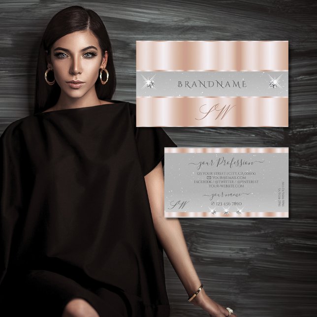 Luxe Rose Gold Light Grey Sparkle Jewels Monogram Business Card (Creator Uploaded)