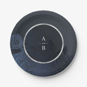 Luxe rose navy silver vintage botanical wedding paper plate