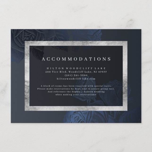 Luxe rose navy vintage botanical accommodations enclosure card (Front)