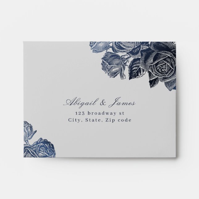 Luxe rose navy vintage botanical wedding RSVP Envelope (Front)