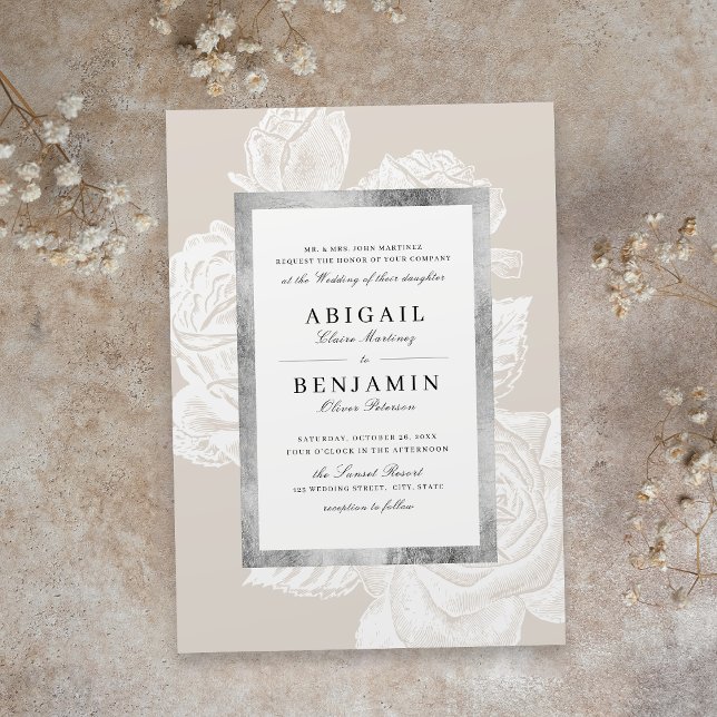 Luxe rose silver neutral vintage botanical wedding invitation (Luxe rose silver neutral vintage botanical wedding invitation)