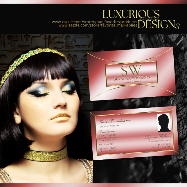 Luxe Ruby Red Gold Decor with Monogram and Photo Business Card (Creator Uploaded)
