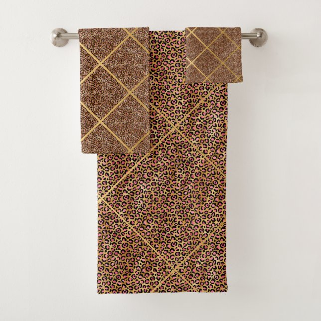 LUXE SATIN PINK LEOPARD SILVER BATHROOM TOWEL SET (Insitu)
