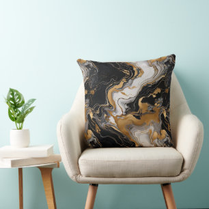 Luxe Serenity Black, Gold & White Marble-Inspired Throw Pillow