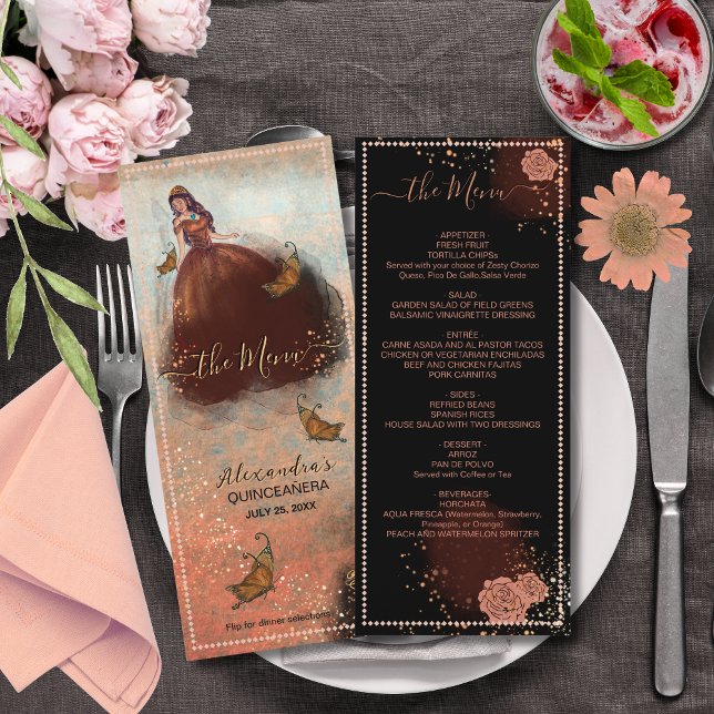Luxe Shimmering Copper Quinceañera Menu (Elegant Vintage Copper Rose Quinceañera Menu)
