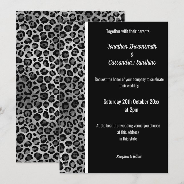 LUXE SILVER BLACK ANIMAL PRINT TRIM INVITATIONS  (Front/Back)