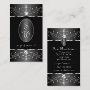 Luxe Silver Black White Ornate Ornaments Initials  Business Card