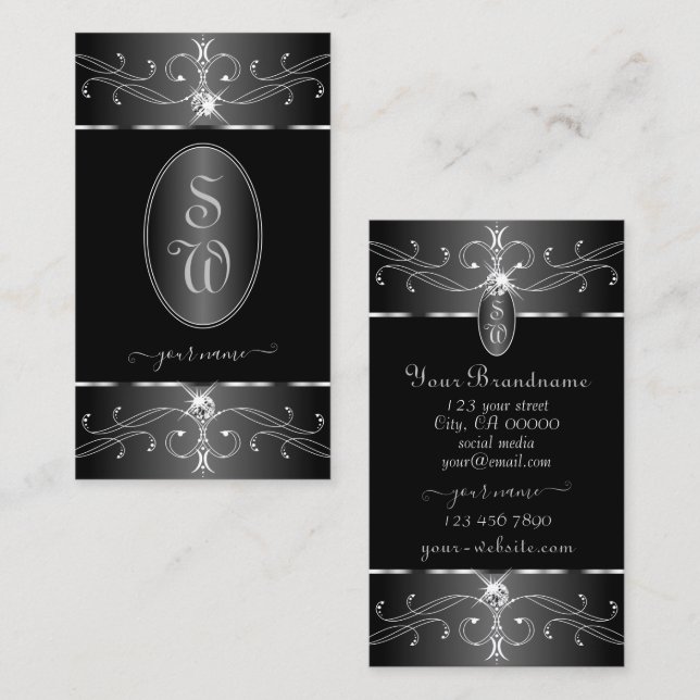 Luxe Silver Black White Ornate Ornaments Initials  Business Card (Front/Back)