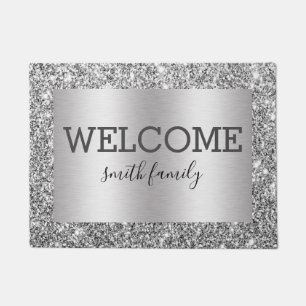 Luxe Silver Glitter Metallic Welcome Personalized Doormat