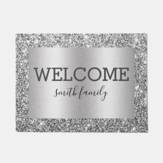 Luxe Silver Glitter Metallic Welcome Personalized Doormat