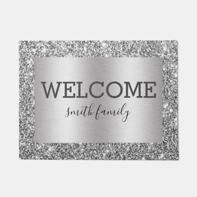 Luxe Silver Glitter Metallic Welcome Personalized Doormat (Front)