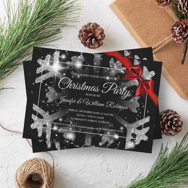 Luxe Silver Glitter Xmas Holiday Red Ribbon Black Invitation (Luxe Silver Glitter Xmas Holiday Red Ribbon Black Invitation)