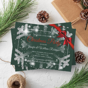 Luxe Silver Glitter Xmas Holiday Red Ribbon Green Invitation