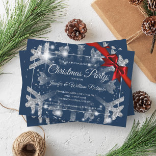 Luxe Silver Glitter Xmas Holiday Red Ribbon Navy Invitation