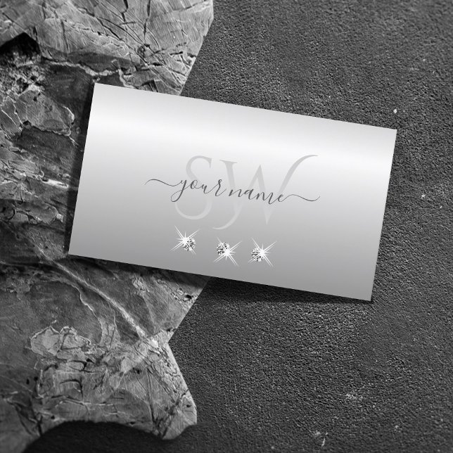Luxe Silver Grey Ombre Sparkling Diamonds Monogram Business Card (Creator Uploaded)
