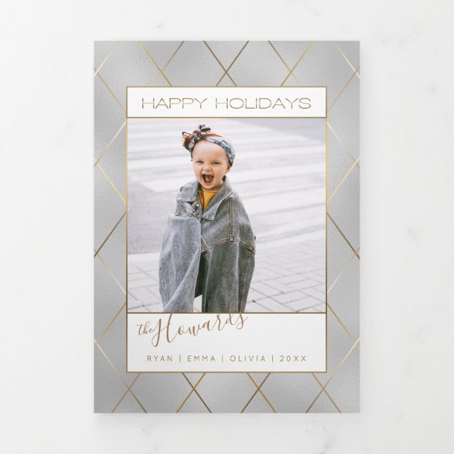 Luxe Silver w/Sleek Diagonal Gold Lines Photo Tri-Fold Holiday Card (Cover)