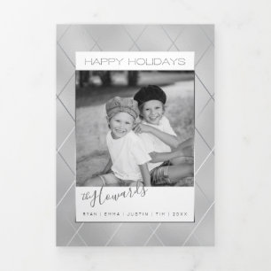 Luxe Silver w/Sleek Diagonal Silver Lines Photo Tri-Fold Holiday Card