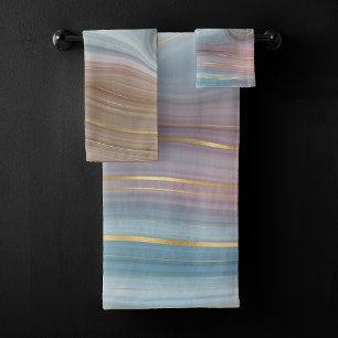 Luxe Strata Dusty Slate Blue Taupe Pink Agate Bath Towel Set