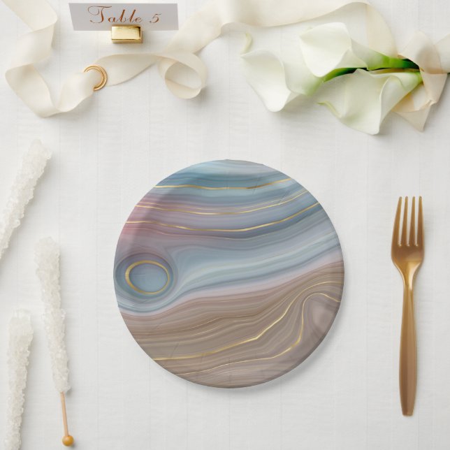 Luxe Strata | Dusty Slate Blue Taupe Pink Agate Paper Plate (Wedding)