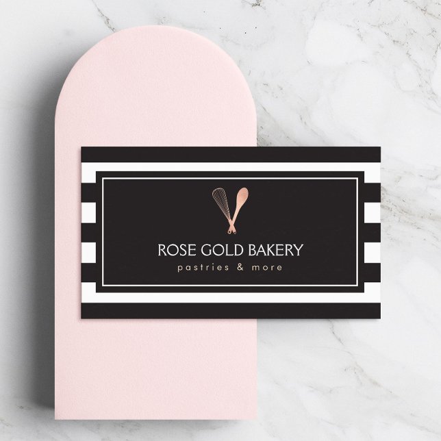 Luxe Striped Rose Gold Whisk Spoon Logo Bakery Business Card (Creator Uploaded)