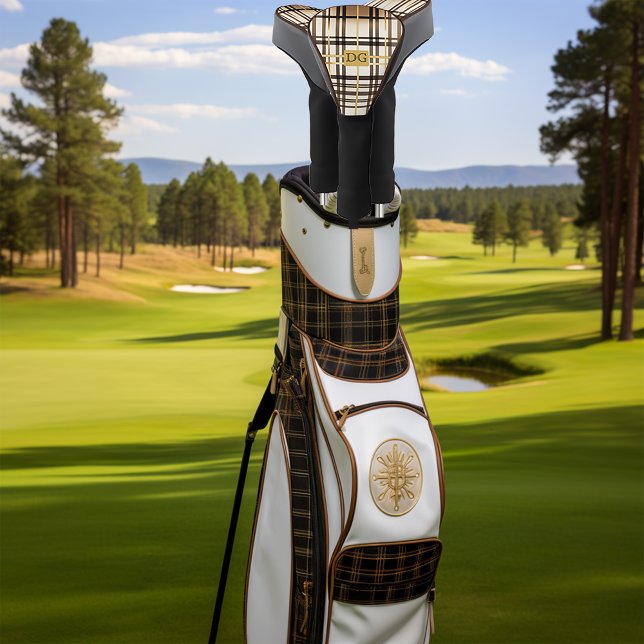 Luxe Taupe and Gold Plaid Golf Head Cover (Classic Tan and Gold Luxe Plaid Gold Head Cover)