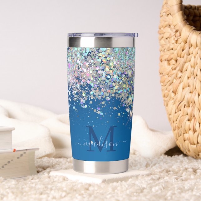 Luxe Teal Blue Holographic Silver Glitter Monogram Insulated Tumbler (Living Room)