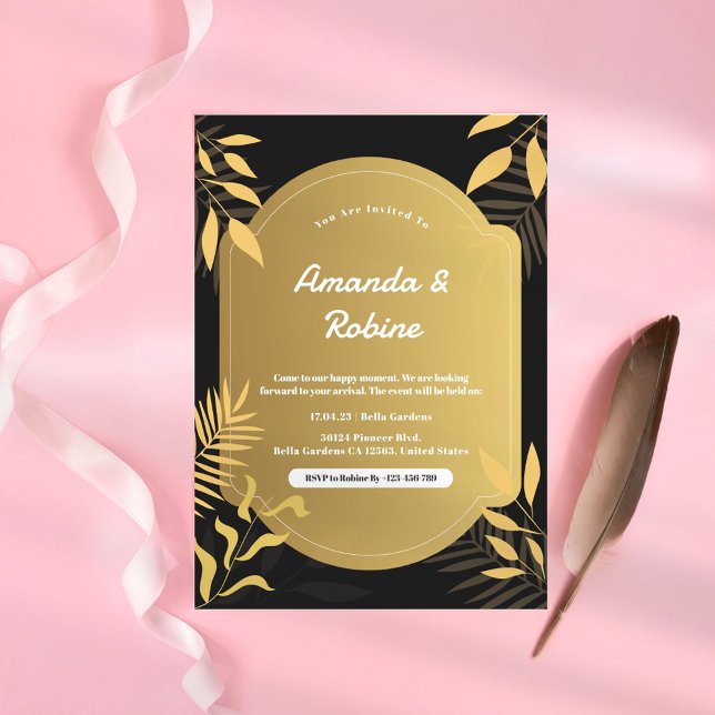 Luxe Tropical Gold & Black Faire-part de mariage (Créateur téléchargé)