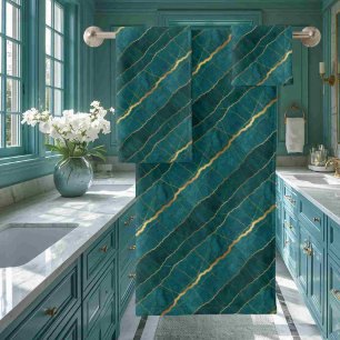 Luxe Turquoise Blue and Gold Marble Towel Set
