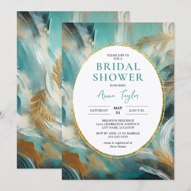 Luxe Turquoise Gold Brushstroke Bridal Shower Invitation (Front/Back)