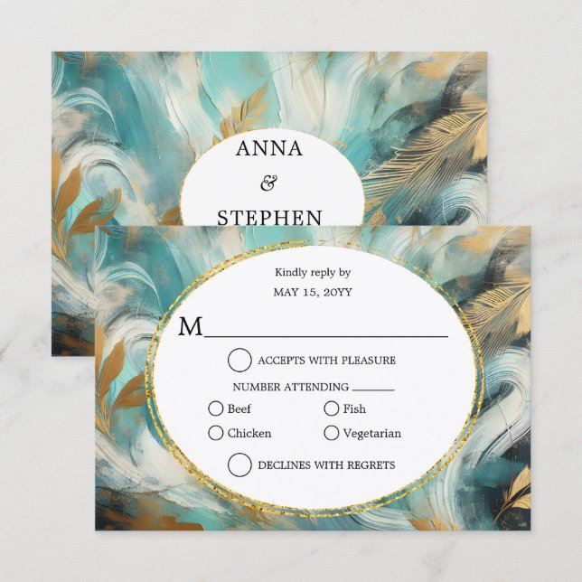 Luxe Turquoise Gold Brushstroke RSVP Card (Front/Back)