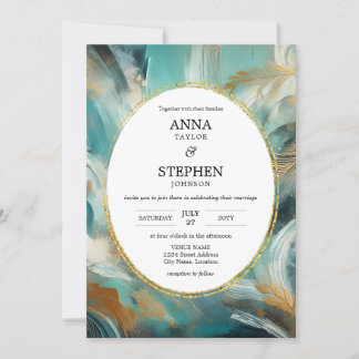 Luxe Turquoise Gold Brushstroke Wedding Invitation
