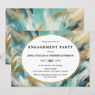 Luxe Turquoise Gold Brushstrokes Engagement Party Invitation