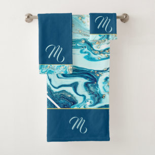 Luxe Turquoise Ocean Blue Gold Marble Monogramme N